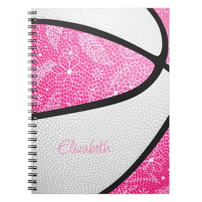 Boho sport doodle fjädrar rosa vit basketboll anteckningsbok (Framsidan)