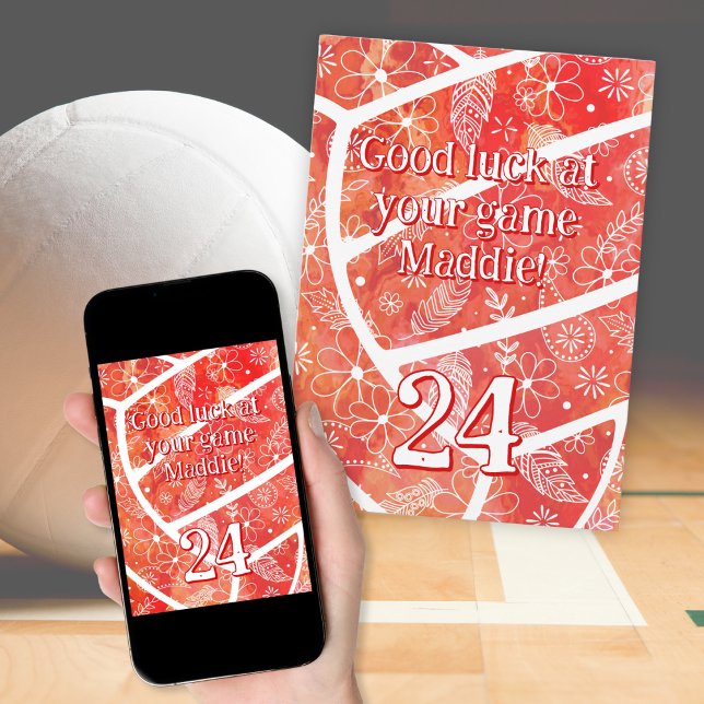 Boho sport orange blommigt volleyball lycka till kort (Flat card with phone mockup)