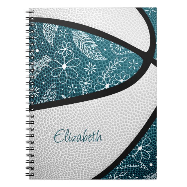 Boho sportdoodle mönster teal white basketball anteckningsbok (Framsidan)