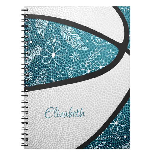 Boho sportdoodle mönster teal white basketball anteckningsbok (Framsidan)