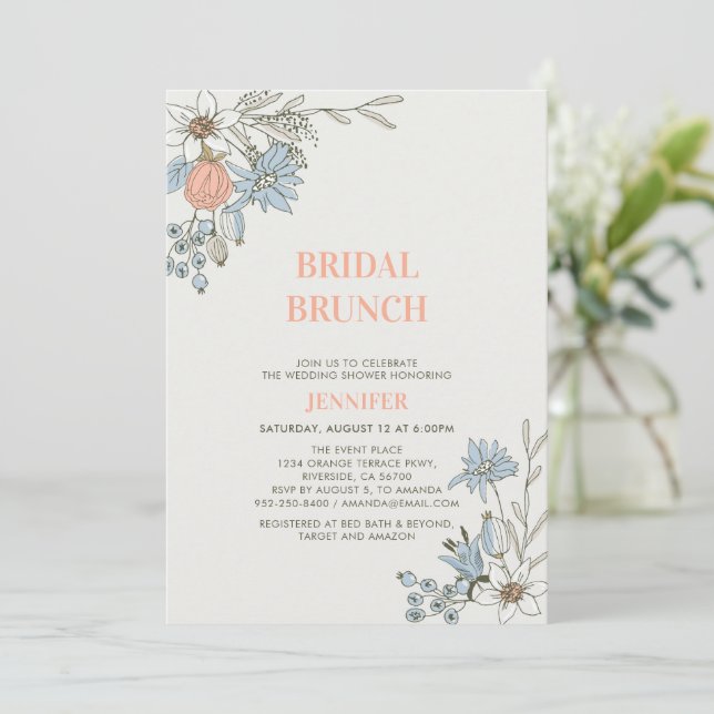 Boho Spring Blå Blommig Bröllop Brunch Shower Inbj Inbjudningar (Stående Fram)