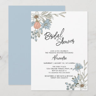 Boho Spring Blå Blommig Bröllopsbrunch Inbjudan