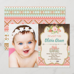 Boho stam- vild ett 1st födelsedagfoto för flicka inbjudningar