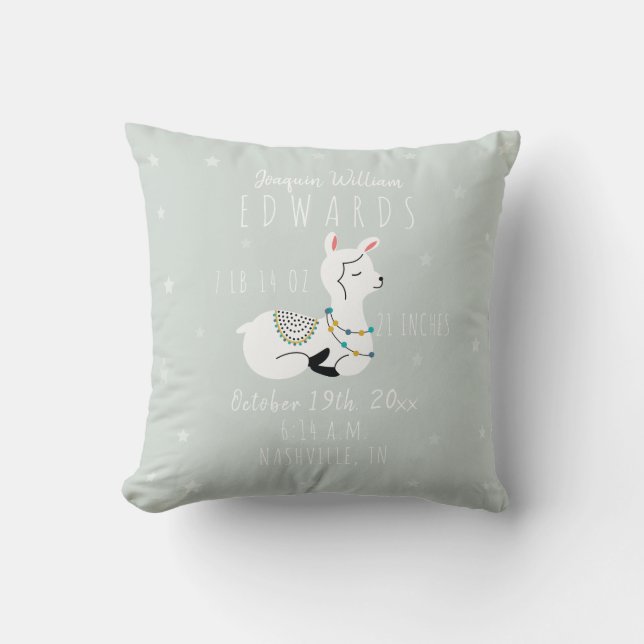 Boho Stars Llama Blue Boy Birth Stats Nursery Kudde (Framsida)