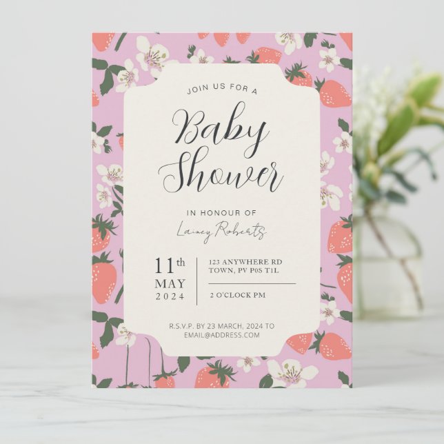 Boho Stawberry Blommigt Baby Shower-inbjudan Inbjudningar (Stående Fram)