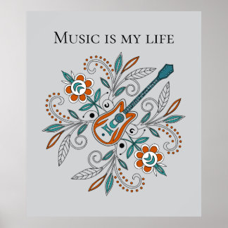 Boho Sten'n'Roll guitar med blommor Poster