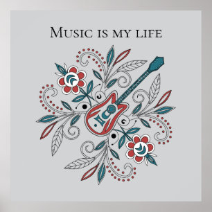 Boho Sten'n'Roll guitar med blommor Poster