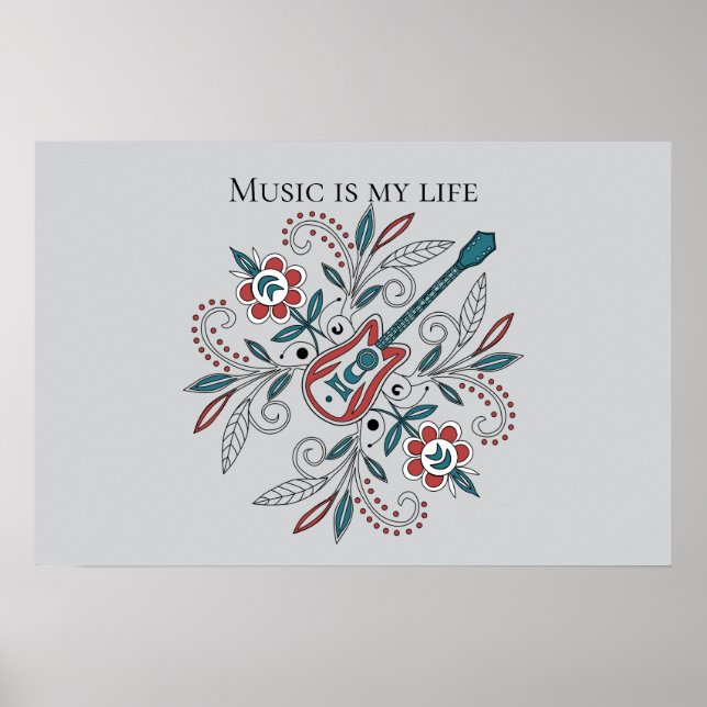 Boho Sten'n'Roll guitar med blommor Poster (Framsidan)