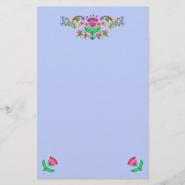 Boho Stil Blommigt Gräns på Light Blue Brevpapper (Framsida)