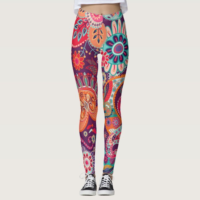 Boho Stil Blommönster Hippie Woman Leggings (Framsida)