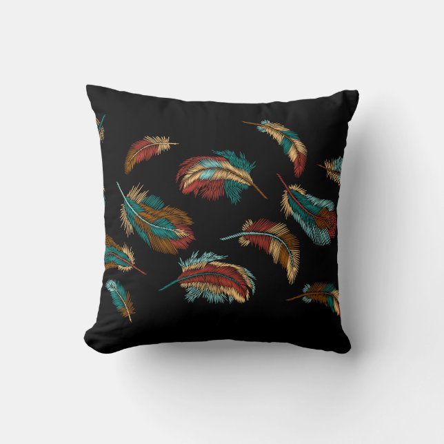 Boho Stil Embroied Colorful Feathers Black Kudde (Framsida)