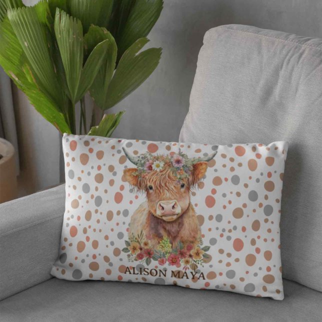 Boho Stil Highland Cow Natural Cute Blommigt Desig Prydnadskudde (Skapare uppladdad)