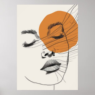 Boho stil Kvinna ansikte sol, Linjekonst Poster