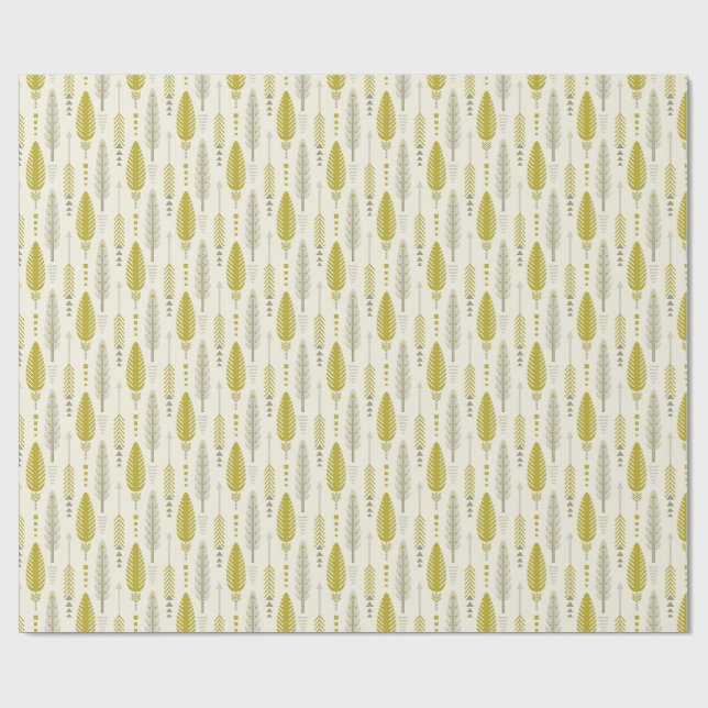 boho stil retro etnisk fjäder gul mönster presentpapper (Platt)
