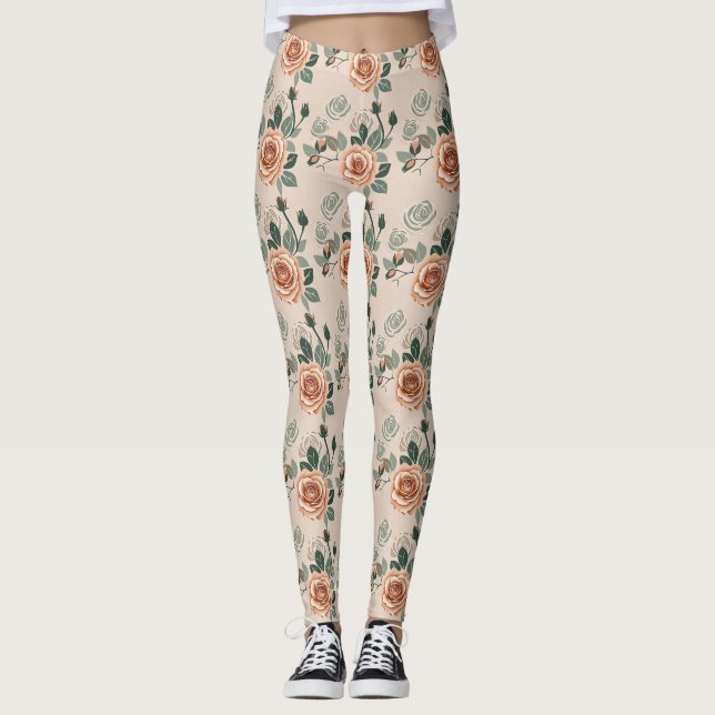 Boho-stil rosor i pastellorange och salvia grön leggings (Framsida)