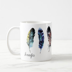 Boho Stil Watercolor Feathers, Personlig Kaffemugg