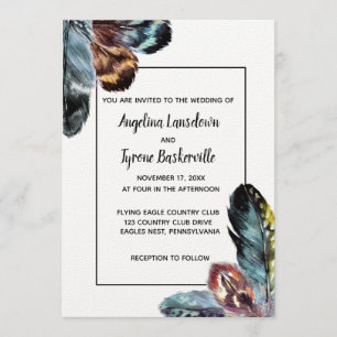 Boho Stil Watercolor Feathers Personligt bröllp Inbjudningar