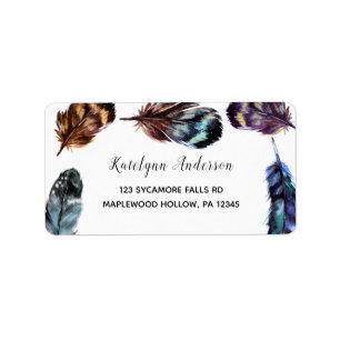 Boho Stil Watercolor Feathers, Returadress Adressetikett