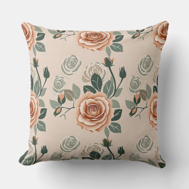 Boho-stilrosor i pastellorange och salvia grön kudde (Framsida)