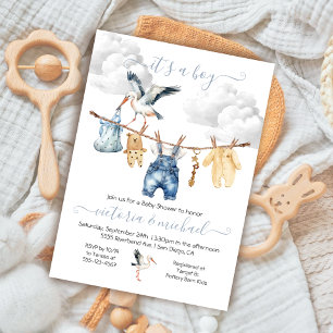 Boho Stork Baby Shower Clothesline Inbjudningar