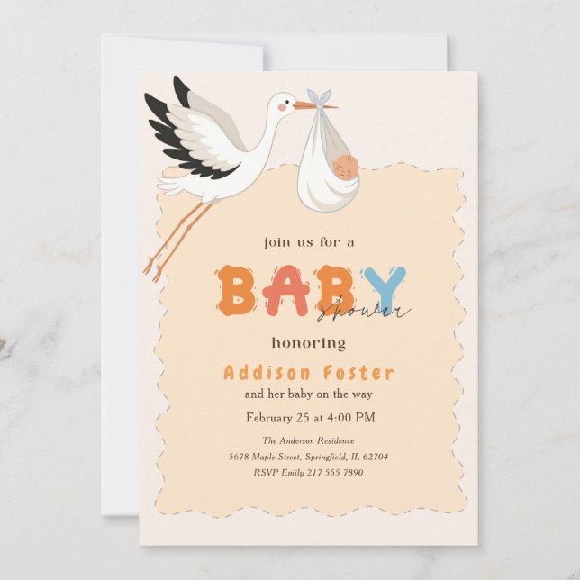 Boho Stork Söt Baby-paket Babyshower Inbjudningar (Framsida)