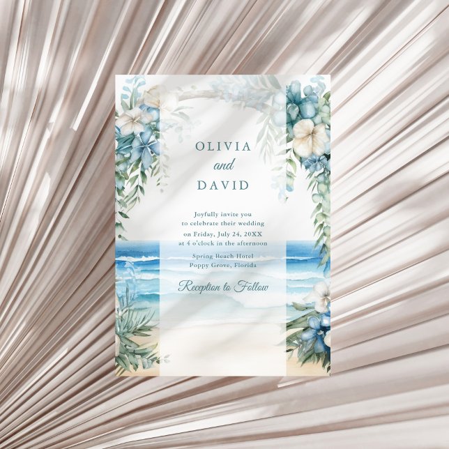 Boho Strand Aquarell Blommig Båge Bröllop Inbjudningar (Boho Beach Watercolor Floral Arch Wedding Invitation on a sunny neutral dry palm leaf.)