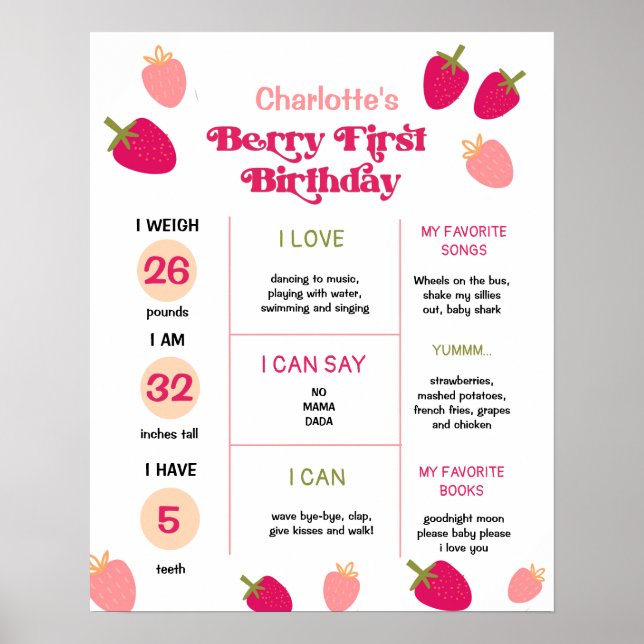 Boho Strawberry Berry First Birthday Milestone Poster (Framsidan)