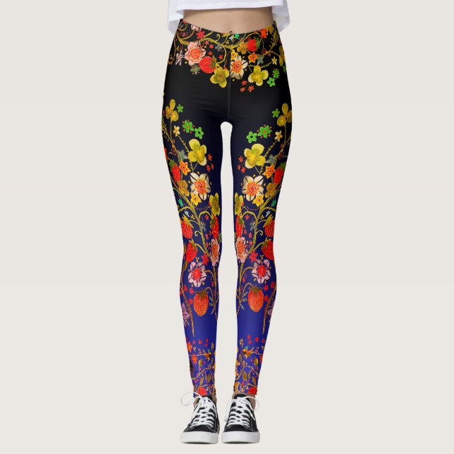 Boho Strawberry Blommigt Blue Ombre Leggings (Framsida)