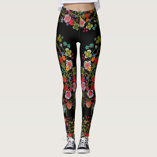 Boho Strawberry Blommigt Leggings (Framsida)