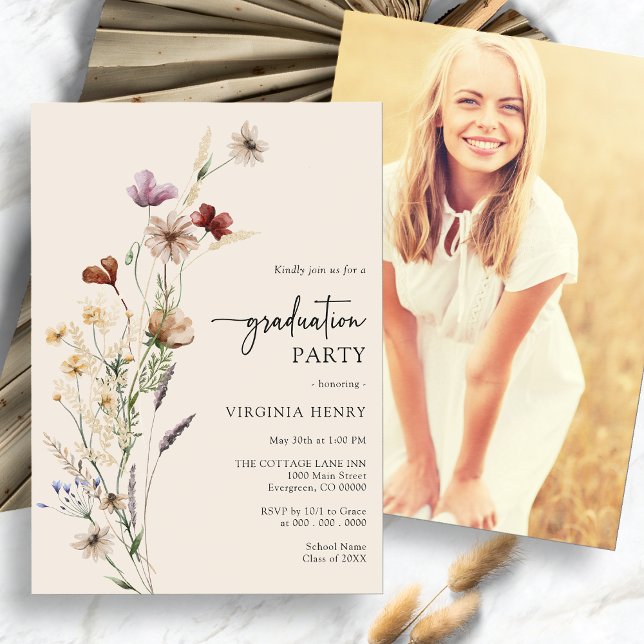 Boho Studenten Inbjudningar (Boho Wildflower Photo Graduation Party Invitation by Painted Paperie
)