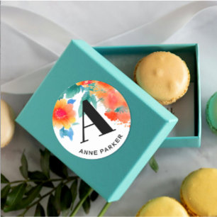 Boho Stylish Akvarell Blommig Namn Monogram Runt Klistermärke