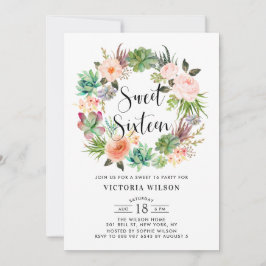 Boho Succulals Blommigt Utandning Sweet sixteen Pa Inbjudningar