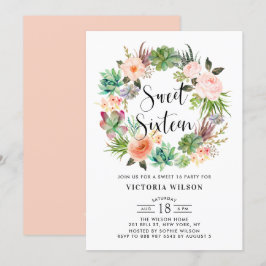 Boho Succulals Blommigt Utandning Sweet sixteen Pa Inbjudningar