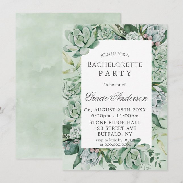 Boho Succulent Greenery Bachelorette Party Inbjudningar (Fram/baksida)