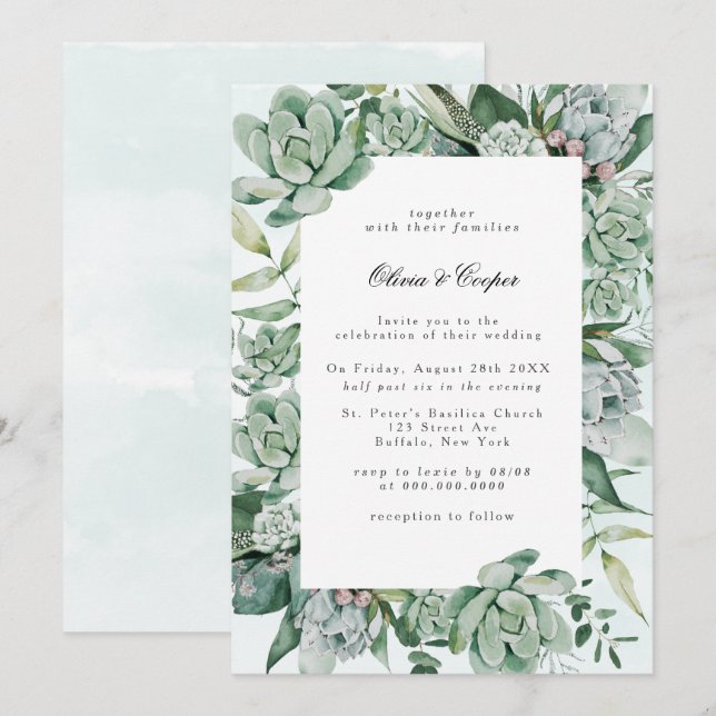 Boho Succulent Greenery Wedding bjudande Inbjudningar (Fram/baksida)