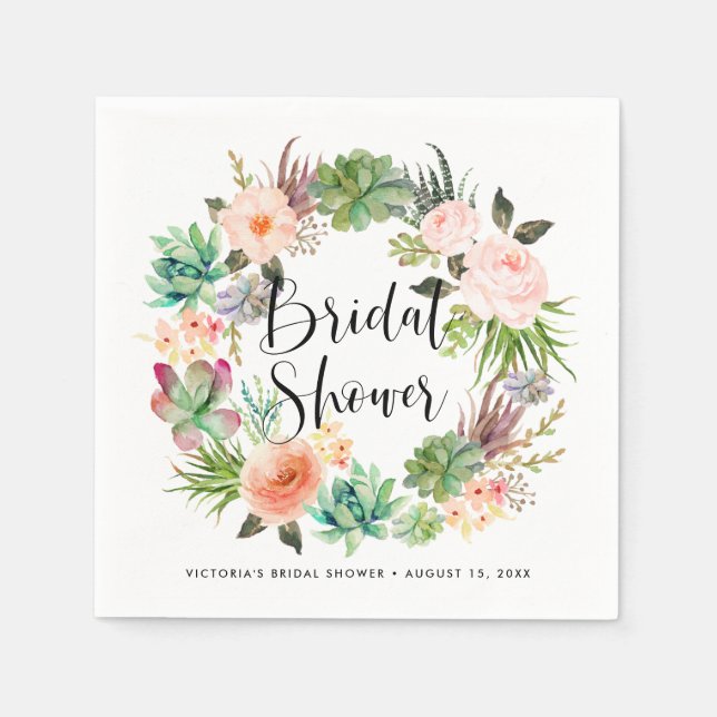 Boho-succulenter Blommig Krans Sommar Bröllopsdusc Pappersservett (Framsidan)