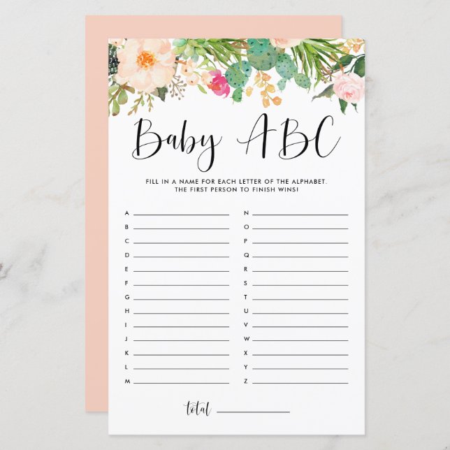Boho Succulents Baby ABC Baby Shower Game (Fram/baksida)