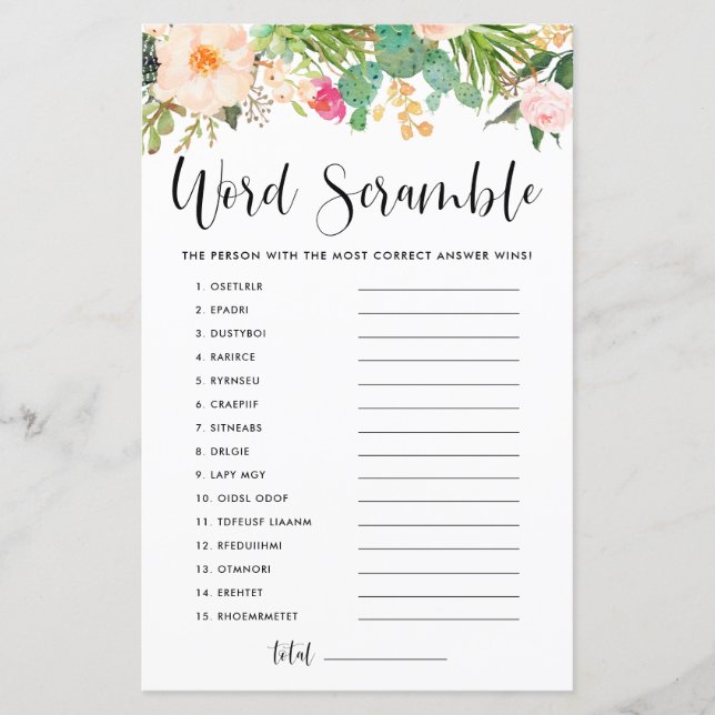 Boho Succulents Baby Ord Scramble Shower Game (Framsida)