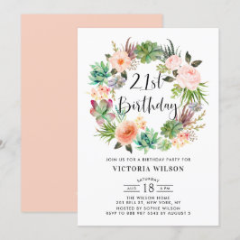 Boho Succulents Blommigt Utandning 21:a födelsedag Inbjudningar