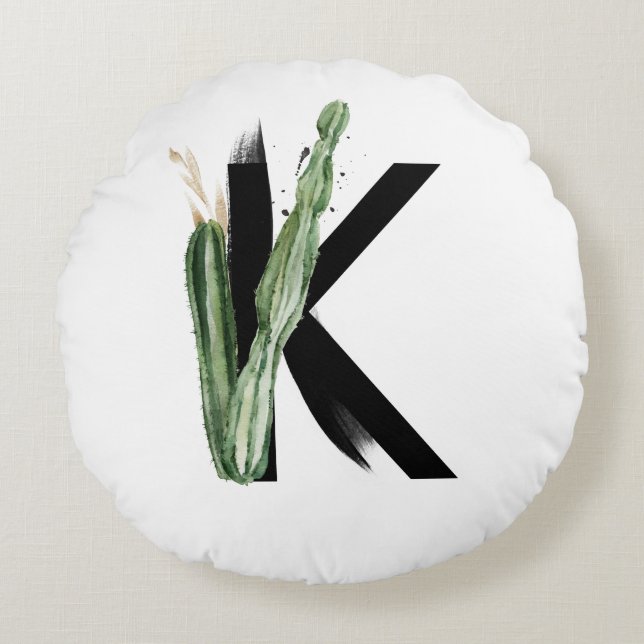 Boho Succulents Brev K Monogram Tropical Rund Kudde (Framsidan)