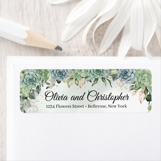 Boho succulents eucalyptus faux guld ram returadress etikett (Insitu)