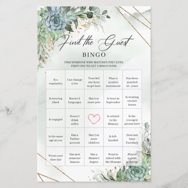Boho succulents eucalyptus Hitta gästen Bingo (Framsida)