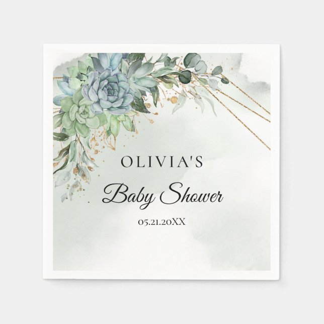 Boho succulents Greenery guld ram Baby dusch Pappersservett (Framsidan)