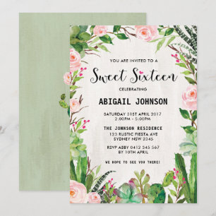 Boho Succulents Sweet sixteen Rosa Blommigt Inbjud Inbjudningar