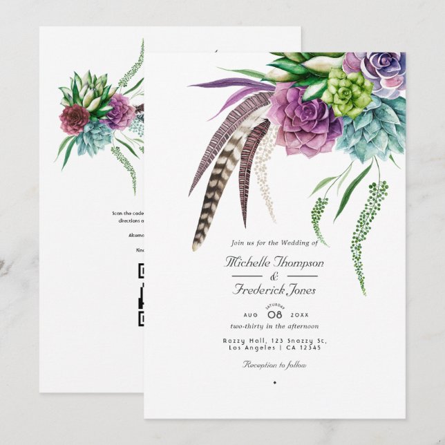 Boho-succulentväxter QR-kod RSVP Bröllop Inbjudningar (Fram/baksida)