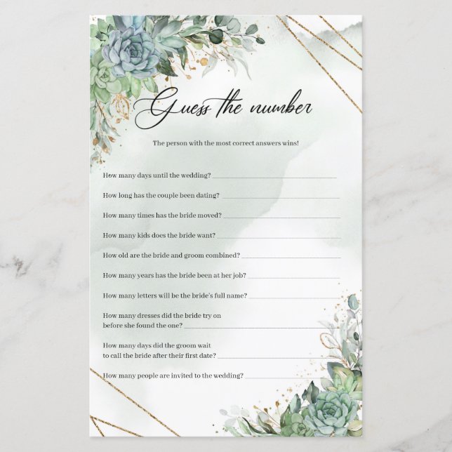 Boho suckulenter eukalyptus guld Gissa numret (Framsida)