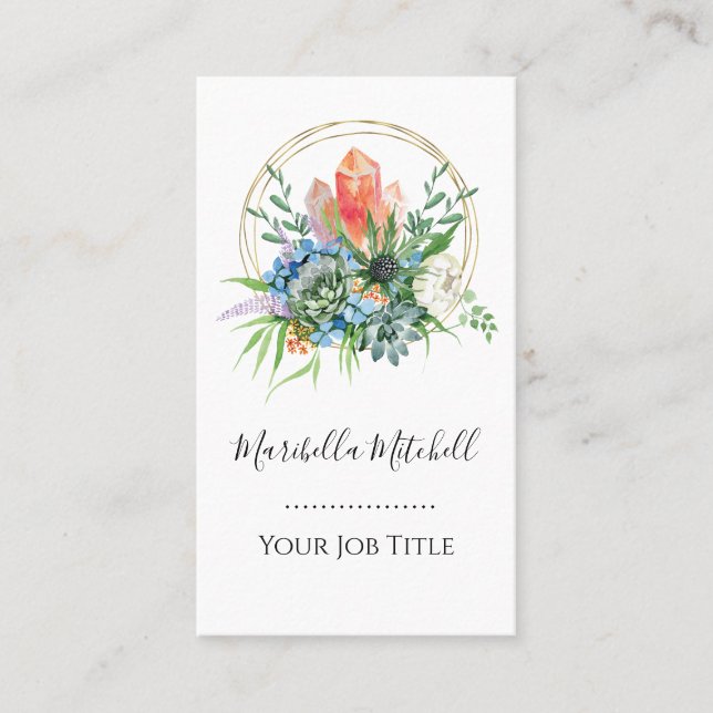 Boho Sukkulenta Blommor Bukett Kristaller Vattenfä Visitkort (Framsida)