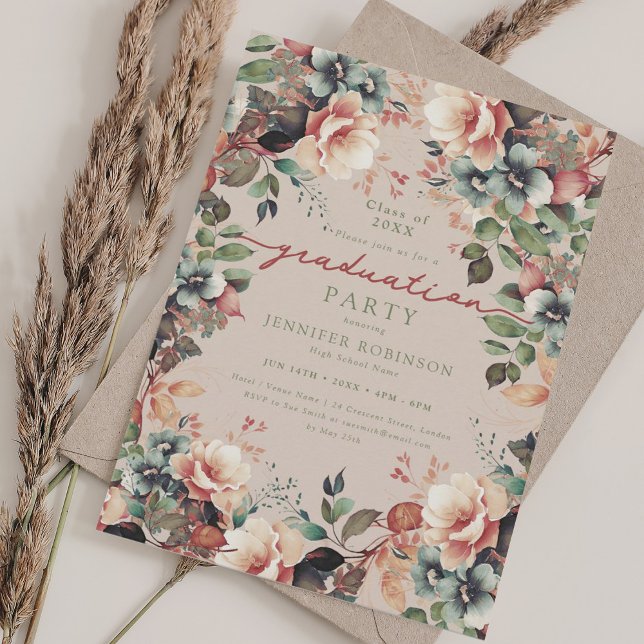 Boho Summer Blommigt Studentfest Champagne Inbjudningar (Boho Summer Floral Graduation Party Champagne Invitation)