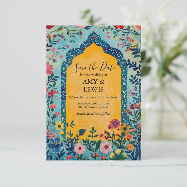 Boho Summer Blue Floral Save the Date Invitation Spara Datumet (Stående Fram)