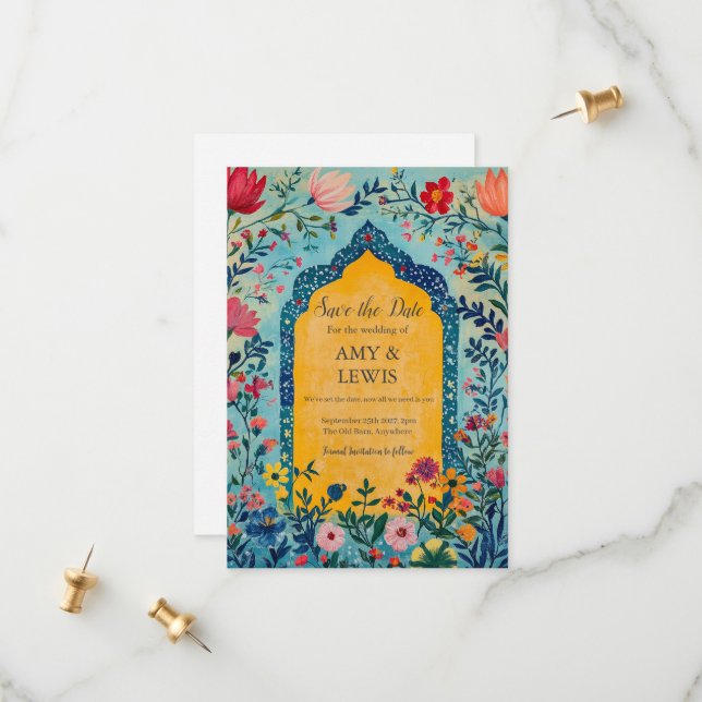 Boho Summer Blue Floral Save the Date Invitation Spara Datumet (Fram/Back In Situ)